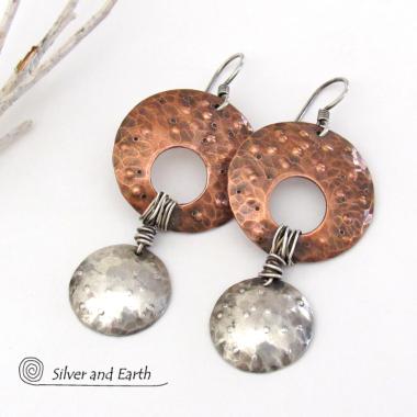 Mixed Metal Copper & Sterling Silver Earrings - Hand Forged Mixed Metal Jewelry