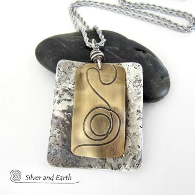 Textured Mixed Metal Necklace with Sterling Silver & Brass - Modern Jewelry