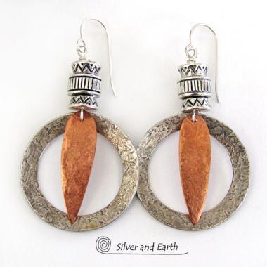 Tribal Sterling Silver & Copper Hoop Earrings - Boho Tribal Mixed Metal Jewelry