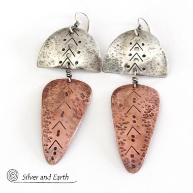 Sterling Silver & Copper Mixed Metal Tribal Earrings - Bold Unique Jewelry