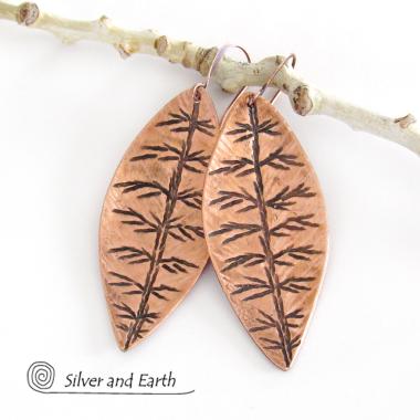 Copper Leaf Earrings with Hand Stamped Texture - Modern Nature Jewelry