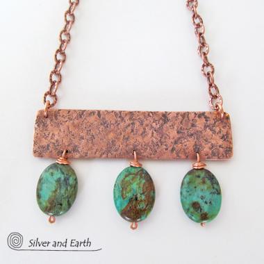 Copper Necklace with African Turquoise - Boho Chic Handcrafted Metalwork Jewelry