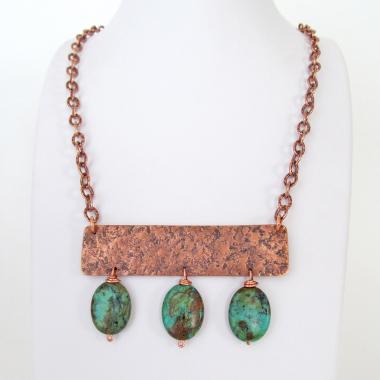 Copper Necklace with African Turquoise  Stones - Artisan Handcrafted Modern Chic Bohemian Jewelry