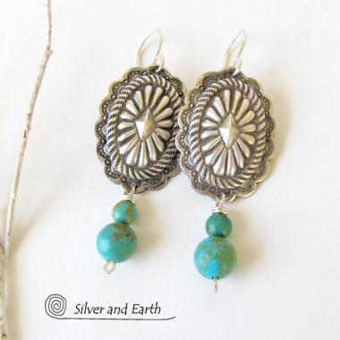 Sterling Silver Concho Earrings with Turquoise - Southwestern Silver Jewelry