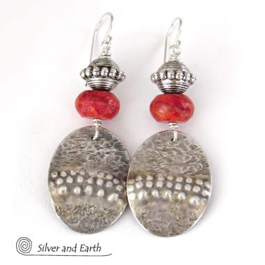 Textured Sterling Silver Earrings with Red Coral - Modern Tribal Jewelry