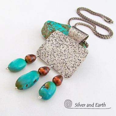 Sterling Silver Necklace with Turquoise and Bronze Pearls