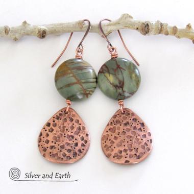Natural Picasso Jasper Stone Earrings with Textured Copper Dangles