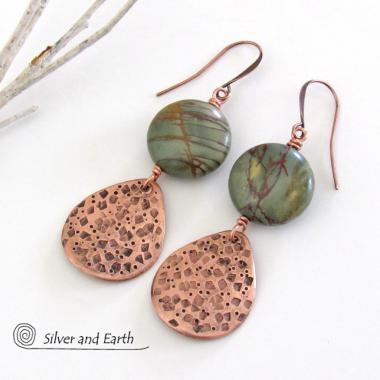 Natural Picasso Jasper Stone Earrings with Textured Copper Dangles