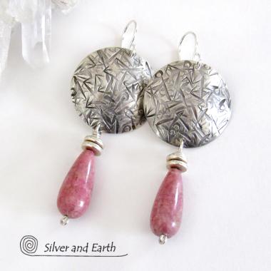 Sterling Silver Earrings with Pink Rhodonite Stones - Silver & Stone Jewelry