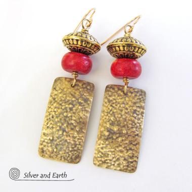 Gold Brass Earrings with Red Coral & Brass Beads - Modern Tribal Jewelry