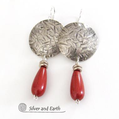 Sterling Silver Earrings with Red Jasper Stones - Modern Silver Jewelry