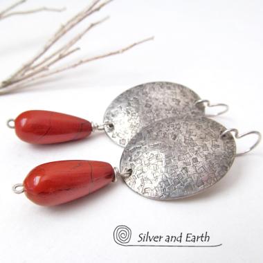 Sterling Silver Earrings with Red Jasper Gemstones - Modern Silver Jewelry