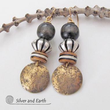 Gold Brass Earrings with African Beads - Boho Chic Tribal Jewelry