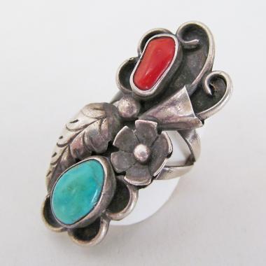 Large Southwestern Sterling Silver Ring with Turquoise and Red Coral