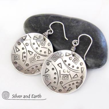 Round Sterling Silver Earrings with Unique Hand Stamped Texture