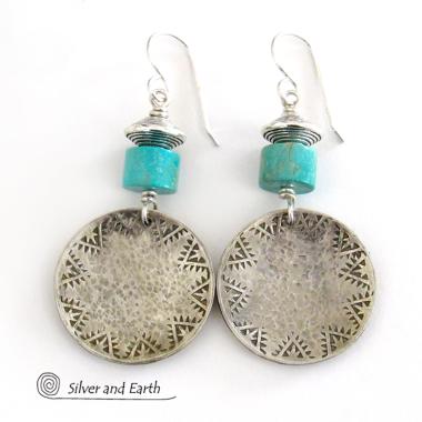 Turquoise Sterling Silver Earrings with Hand Stamped and Hammered Texture