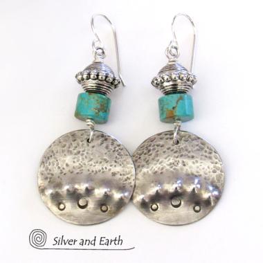 Round Sterling Silver Dangle Earrings with Turquoise - Unique Artisan Jewelry