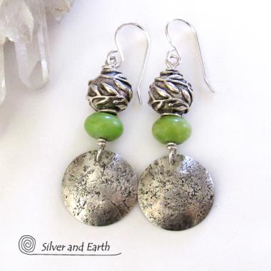 Sterling Silver Earrings with Green Serpentine Stones & Leaf Beads