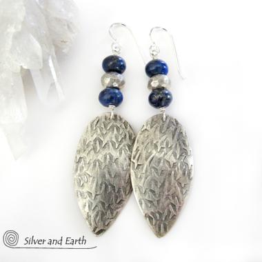 Sterling Silver Earrings with Blue Lapis & Pyrite Gemstones - Modern Jewelry