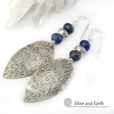 Sterling Silver Earrings with Blue Lapis & Pyrite Gemstones - Modern Jewelry