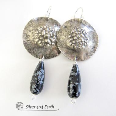 Sterling Silver Earrings with Snowflake Obsidian Stones - Unique Silver Jewelry