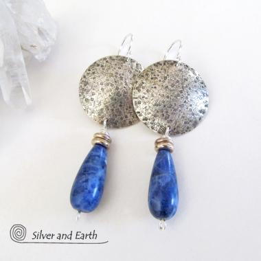 Sterling Silver Earrings with Blue Sodalite Gemstones - Modern Silver Jewelry