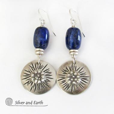 Sterling Silver Earrings with Blue Lapis Stones - Unique Jewelry