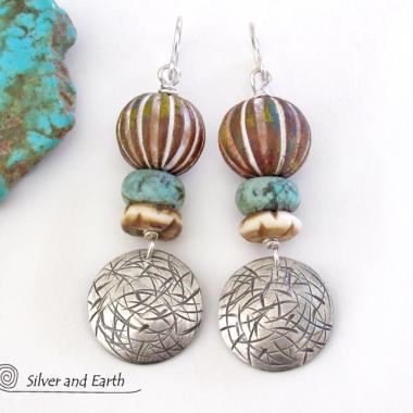 Boho Tribal Sterling Silver Earrings with African Turquoise & African Beads