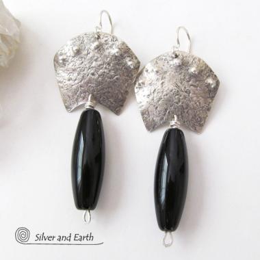 Sterling Silver Egyptian Earrings with Onyx Gemstones - Bold Exotic Jewelry