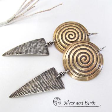 Sterling Silver & Brass Earrings with Spiral Design -Contemporary Modern Jewelry