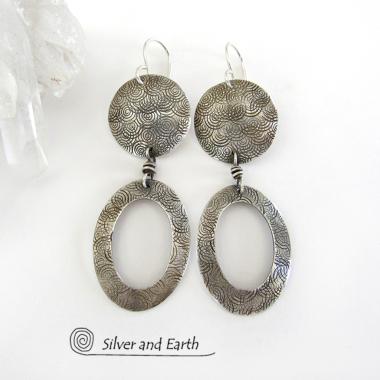 Textured Sterling Silver Hoop Dangle Earrings - Stylish Modern Everyday Jewelry