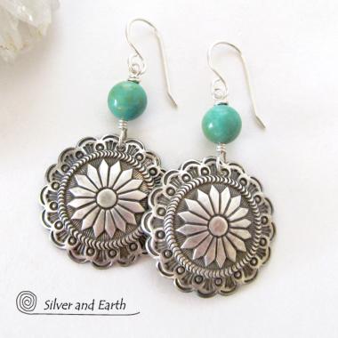 Sterling Silver Concho Earrings with Turquoise - Southwestern Jewelry