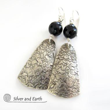 Modern Sterling Silver Earrings with Black Onyx Gemstones