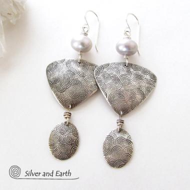 Sterling Silver Earrings with Grey Pearls - Contemporary Modern Silver Jewelry