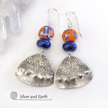 Boho Chic Sterling Silver Earrings with Blue Orange African Glass Beads & Lapis