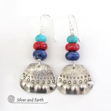 Sterling Silver Earrings with Turquoise, Coral & Sodalite - Multi-Stone Jewelry