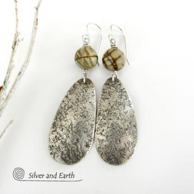 Sterling Silver Dangle Earrings with Jasper Stones - Modern Earthy Jewelry