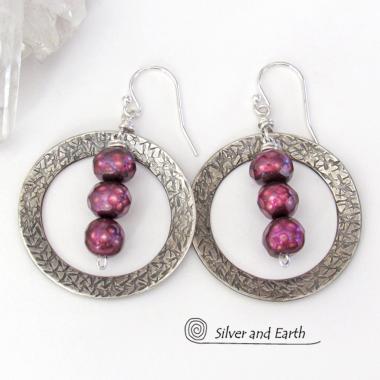 Sterling Silver Hoop Earrings with Faceted Burgundy Pearls - Dressy Jewelry