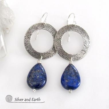 Modern Sterling Silver Earrings with Blue Lapis Lazuli Gemstones