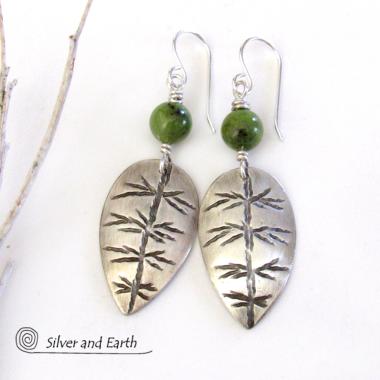 Sterling Silver Leaf Earrings with Green Jade Stones - Artisan Nature Jewelry