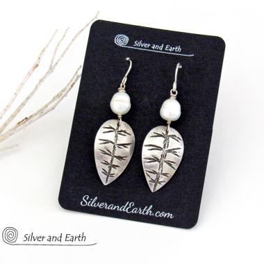 Sterling Silver Leaf Earrings with White Pearls - Modern Nature Jewelry