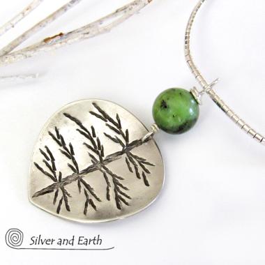 Sterling Silver Leaf Necklace with Green Jade Gemstone - Nature Inspired Jewelry