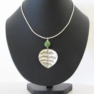 Sterling Silver Leaf Necklace with Green Jade Gemstone - Nature Inspired Jewelry