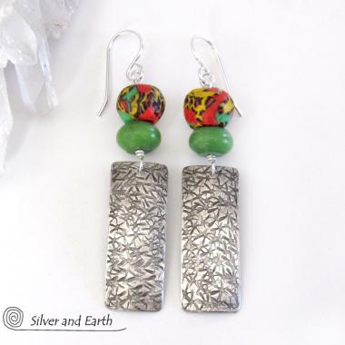 Sterling Silver Earrings with African Glass Beads & Green Serpentine Stones