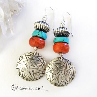 Sterling Silver Earrings with Turquoise & Red Coral - Modern Southwest Jewelry