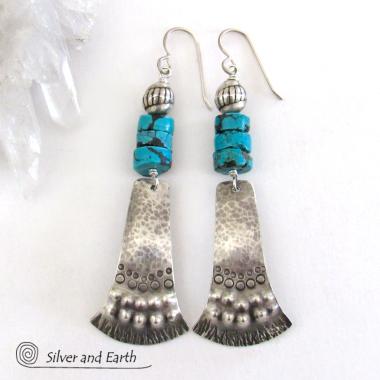 Sterling Silver Tribal Earrings with Turquoise - Unique Bold Southwest Jewelry