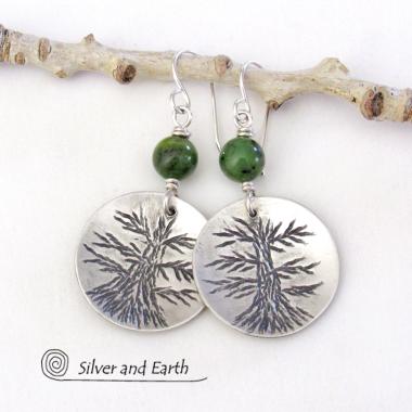 Sterling Silver Tree Earrings with Green Jade - Tree of Life Nature Jewelry