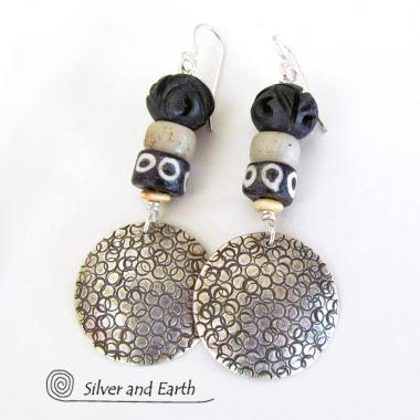 Sterling Silver Earrings with African Beads - Ethnic Boho Tribal Jewelry