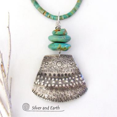 Bold Unique Sterling Silver & Turquoise Necklace - Tribal Southwestern Jewelry