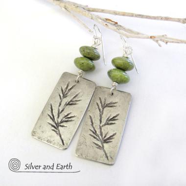 Sterling Silver Earrings with Twig Design & Green Serpentine - Nature Jewelry